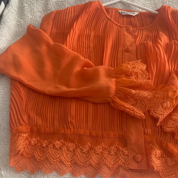 Orange Chiffon Lace Button Up Blouse - Picture 5 of 5